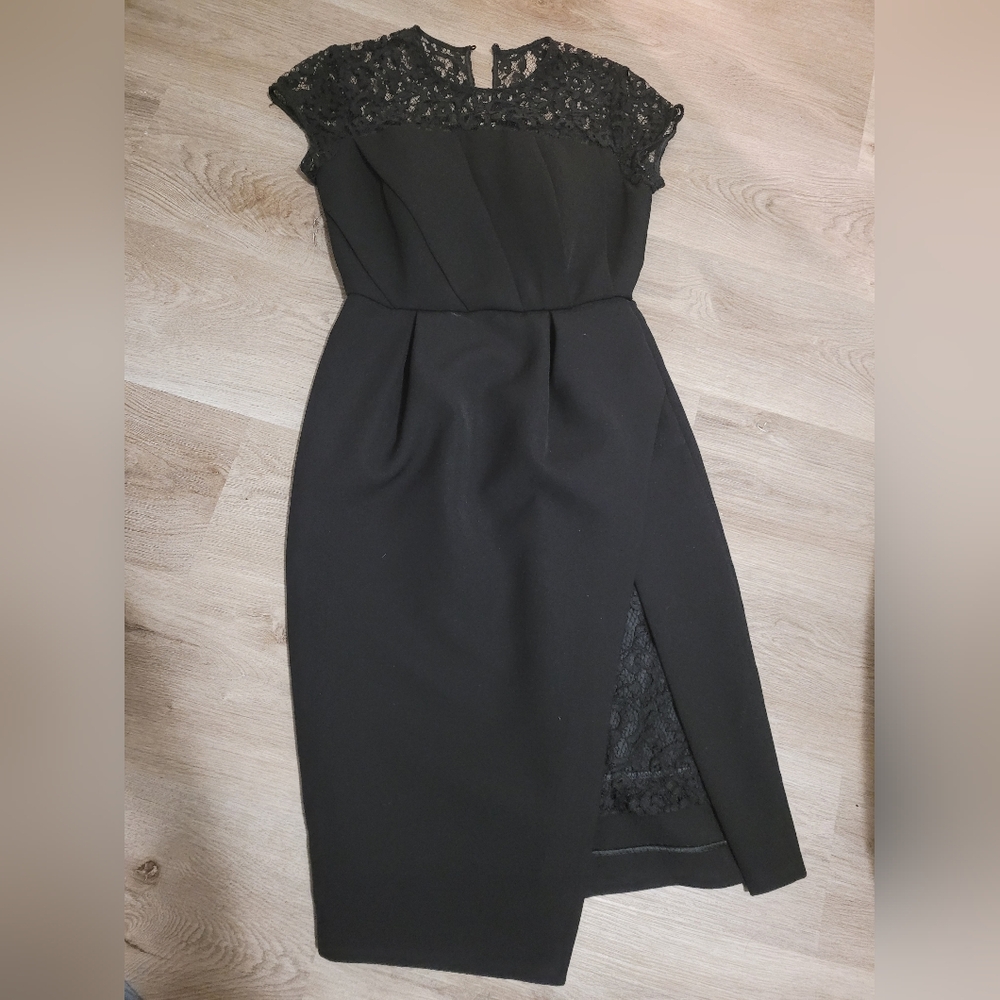 Elegant Asymmetrical-Hem Black Lace Dress by Lagunamoon